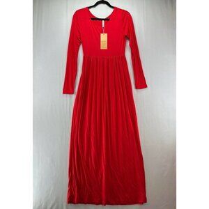 Grecerelle Dress S Shirred A-Line Maxi Scoop Neck Long Sleeve Stretch Rayon Red